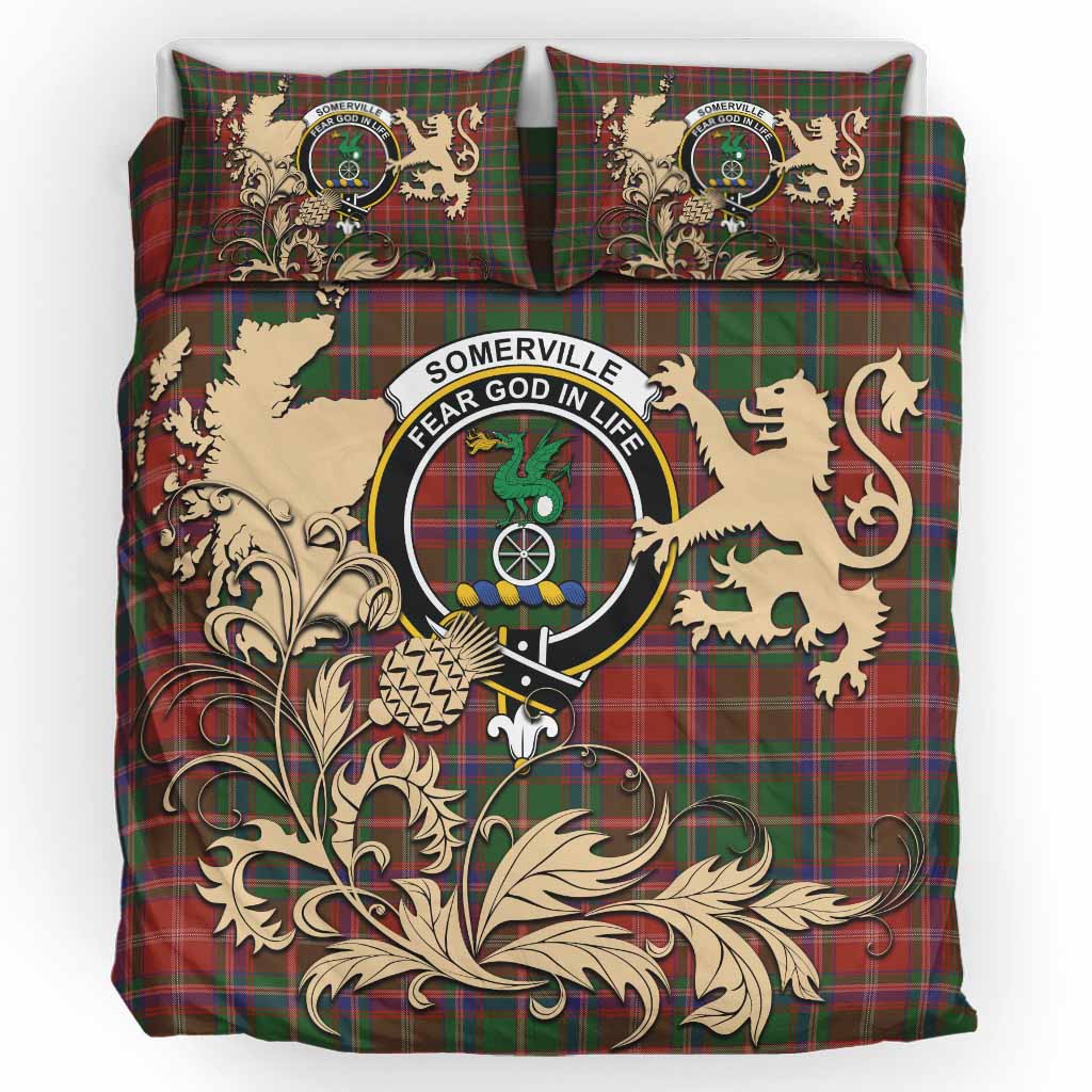 Somerville Tartan Crest Bedding Set with Scottish Iconic Symbols 