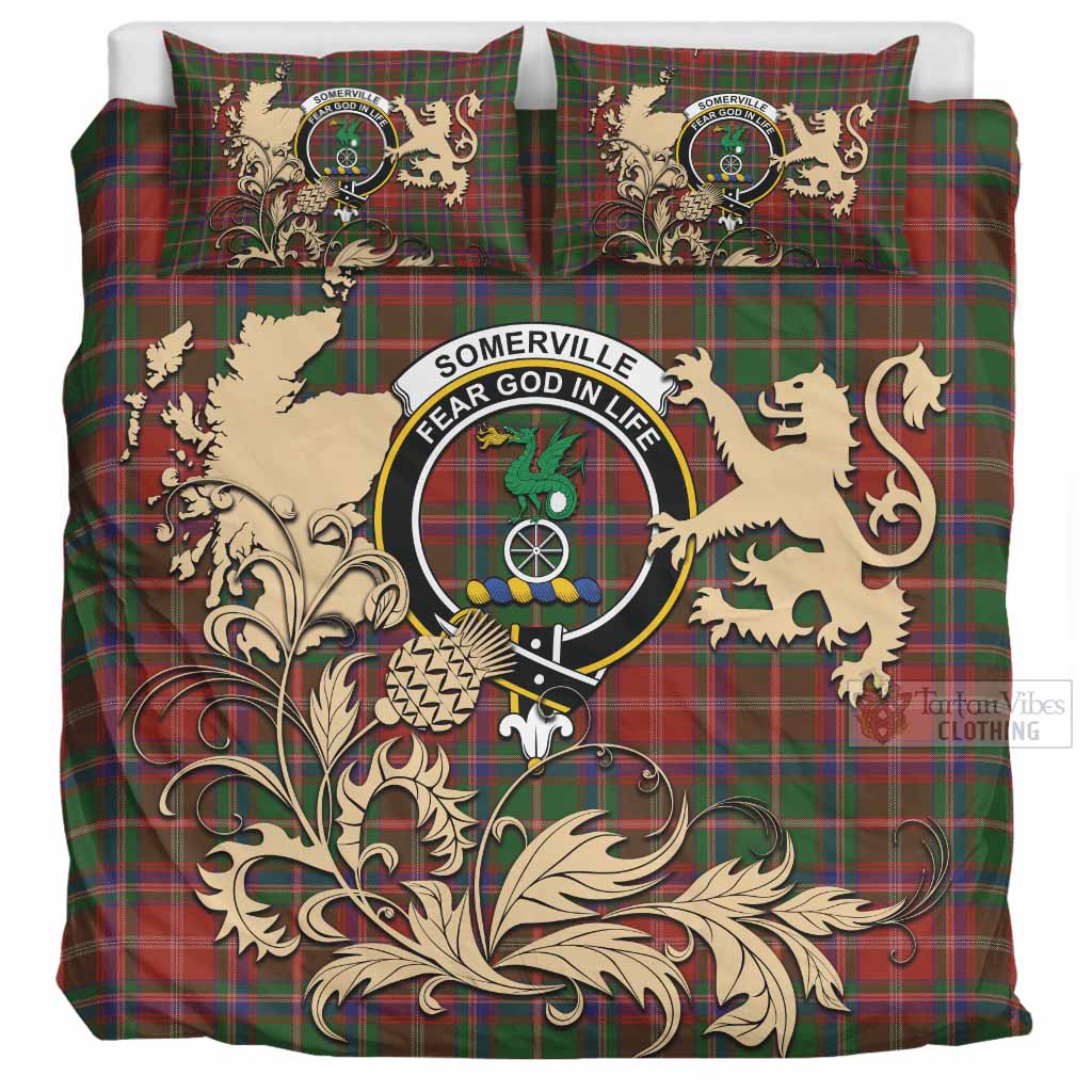 Somerville Tartan Crest Bedding Set with Scottish Iconic Symbols 