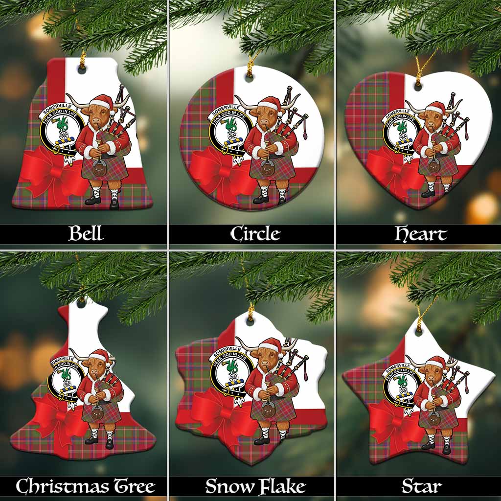 Somerville Tartan Crest Christmas Ceramic Ornament Highland Cow Bagpipes Coquette Bow Style