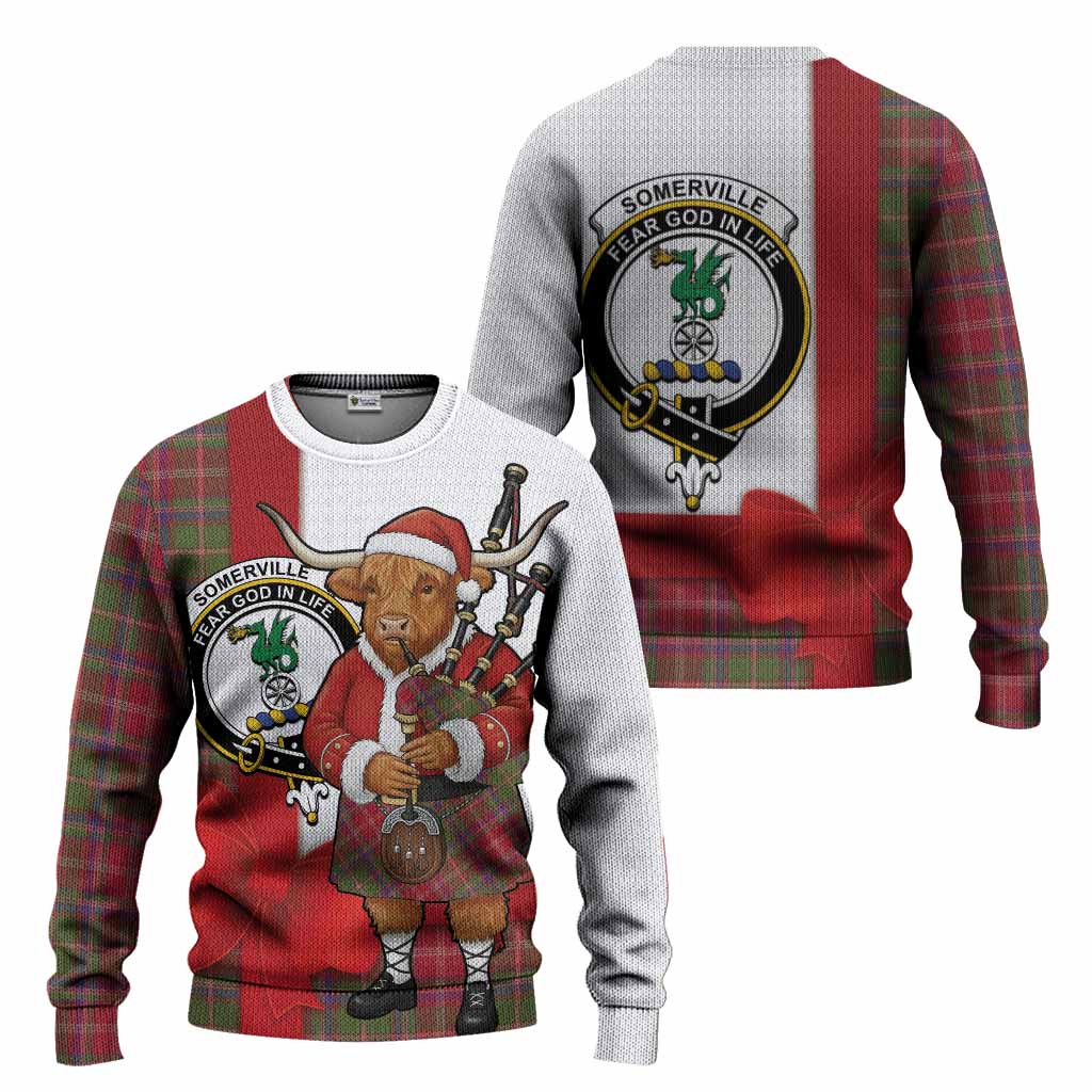 Somerville Tartan Crest Christmas Christmas Ugly Sweater Highland Cow Bagpipes Coquette Bow Style