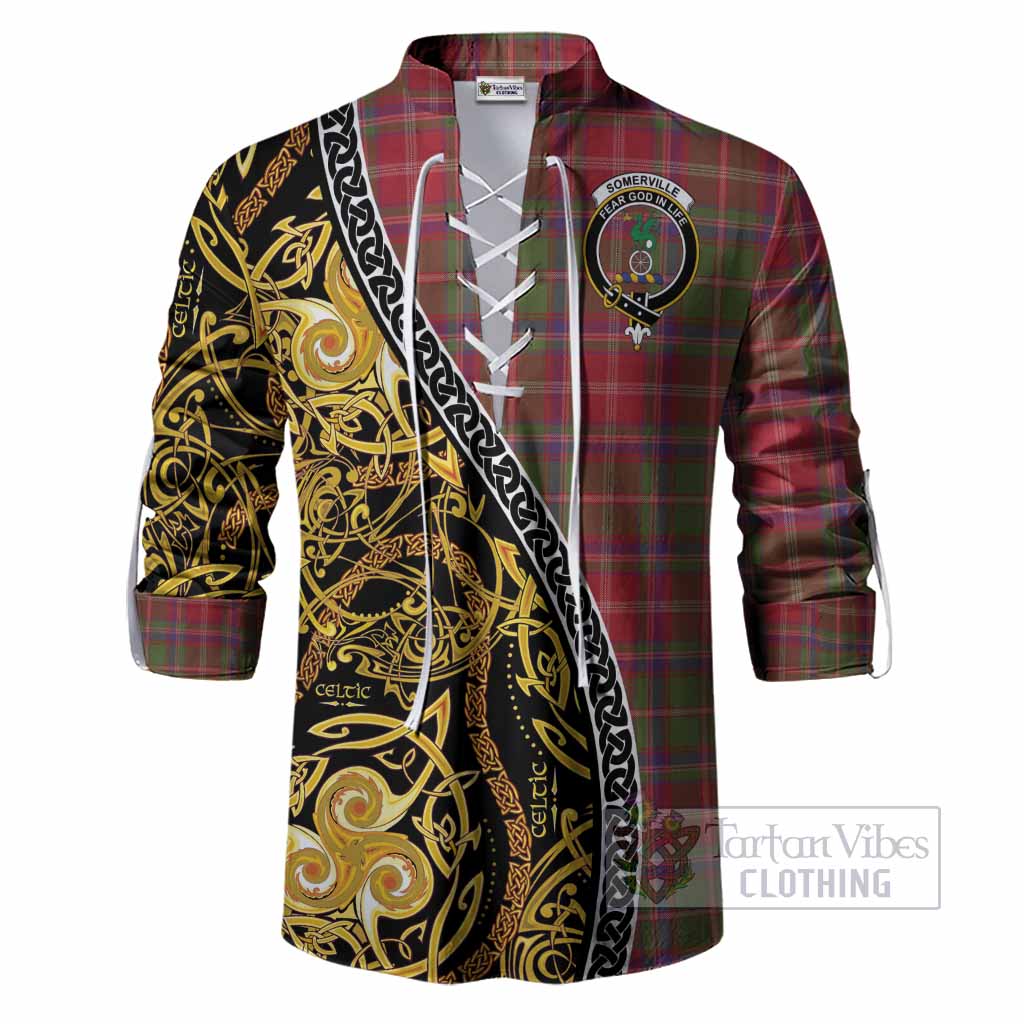 Somerville Tartan Crest Ghillie Shirt Celtic Knot and Triple Trickle Spiral Symbols