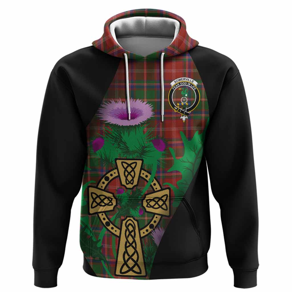 Somerville Tartan Crest Hoodie Celtic Cross Thistle Flowers