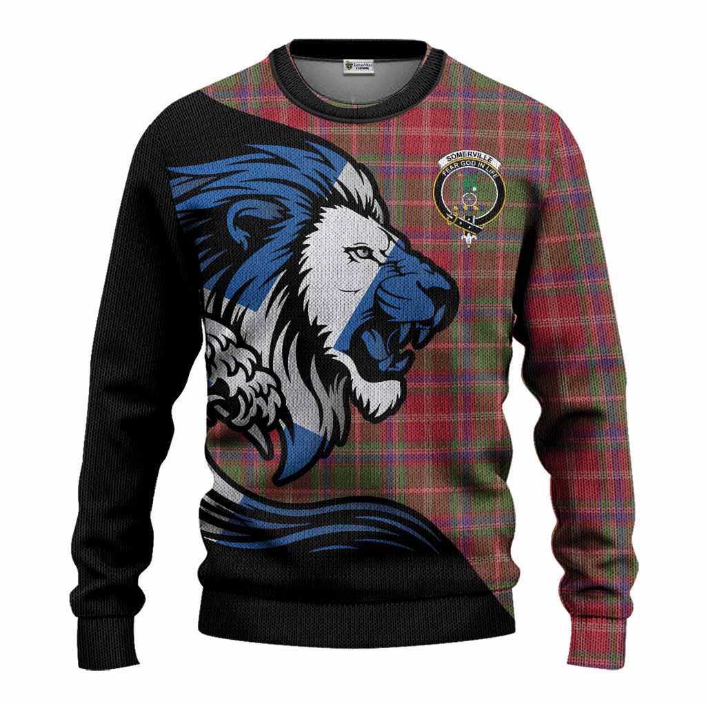 Somerville Tartan Crest Knitted Sweater Scottish Golden Lions Wave Flow