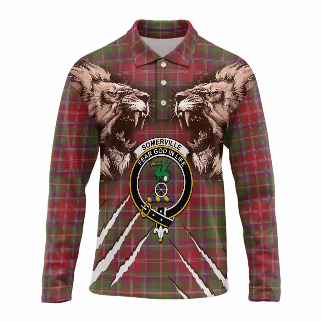 Somerville Tartan Crest Long Sleeve Polo Shirt Ferocious Lion Style