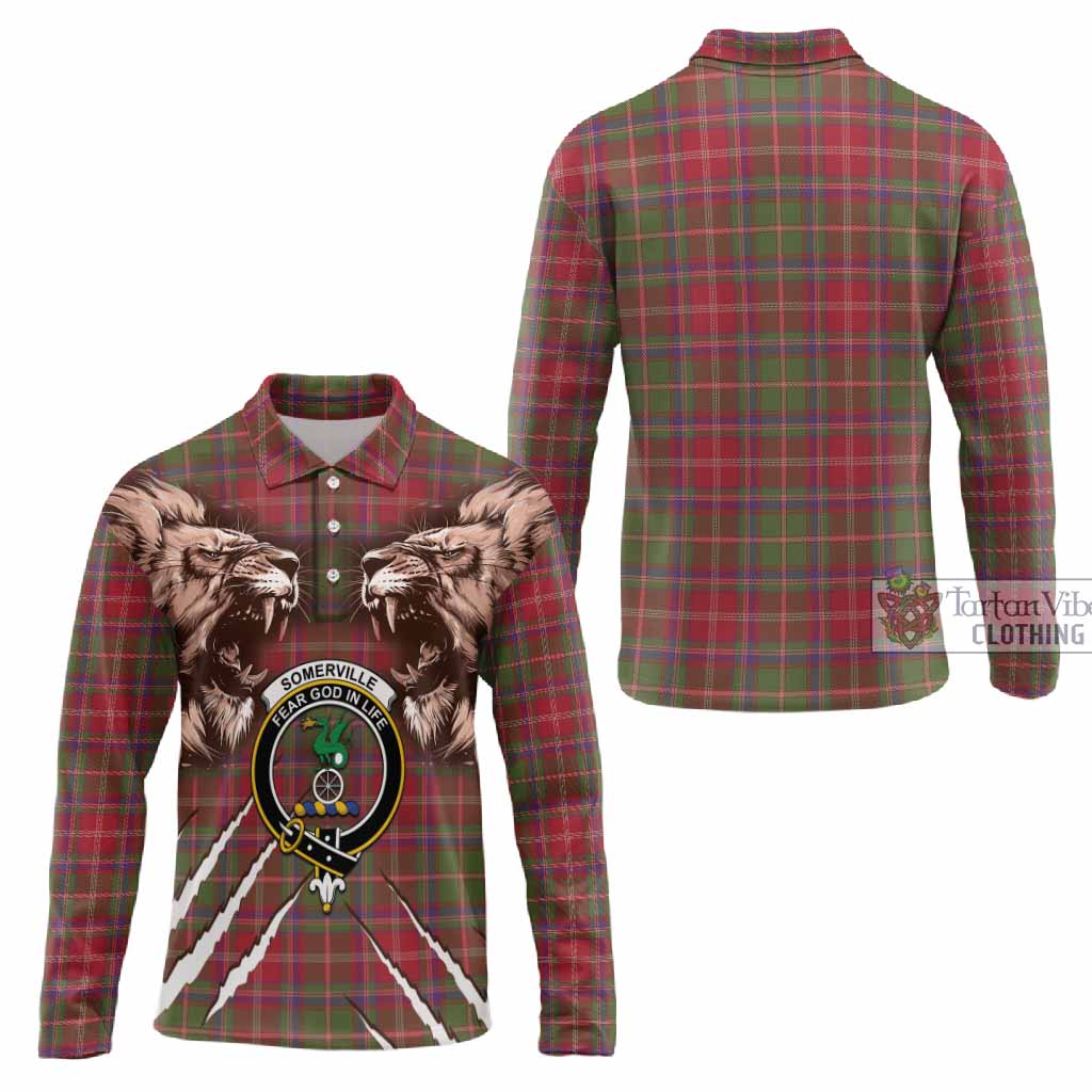 Somerville Tartan Crest Long Sleeve Polo Shirt Ferocious Lion Style