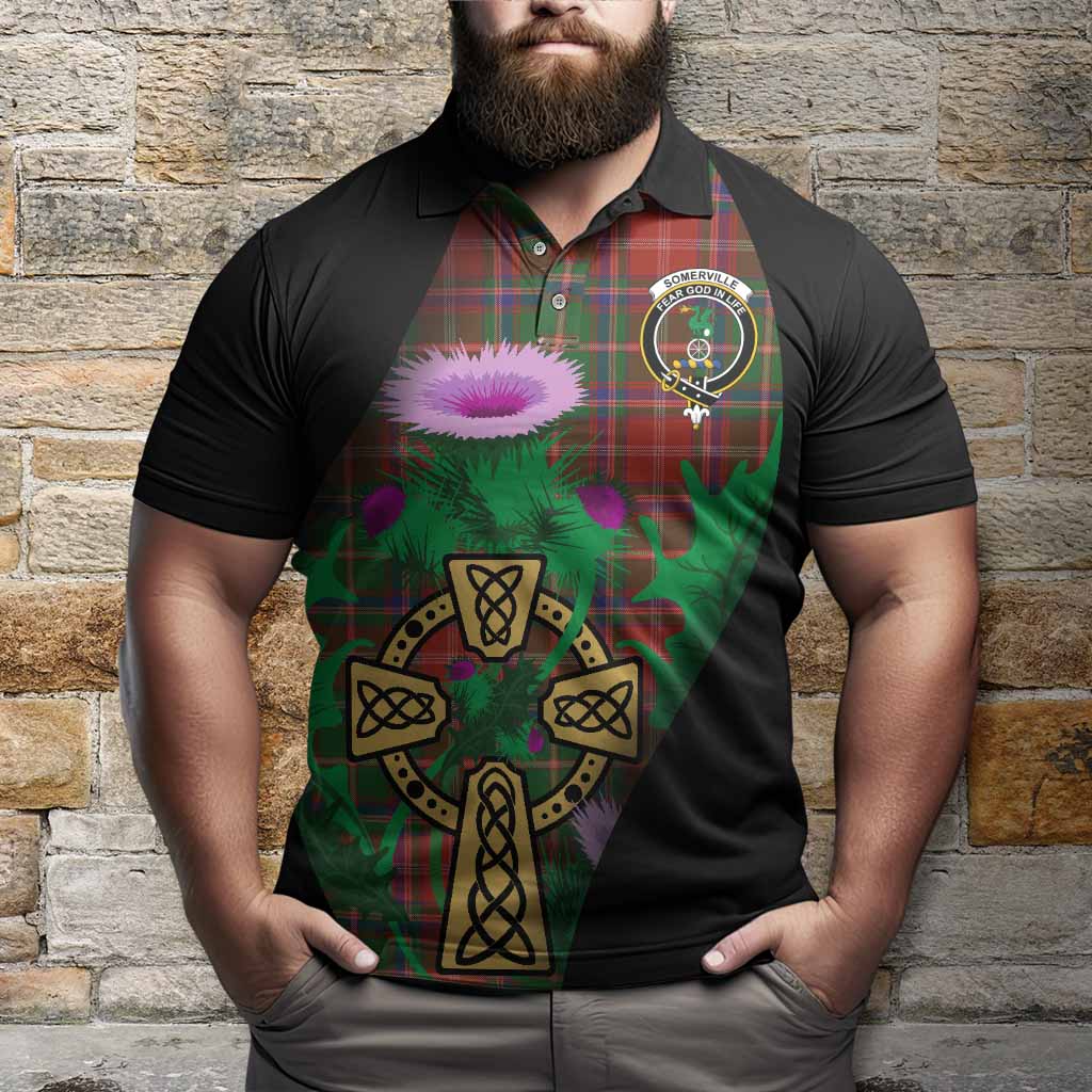 Somerville Tartan Crest Polo Shirt Celtic Cross Thistle Flowers