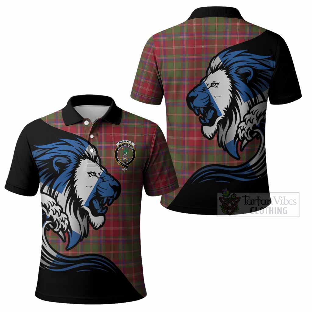 Somerville Tartan Crest Polo Shirt Scottish Golden Lions Wave Flow