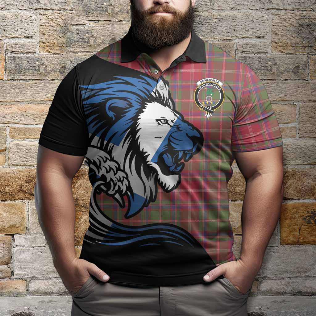 Somerville Tartan Crest Polo Shirt Scottish Golden Lions Wave Flow