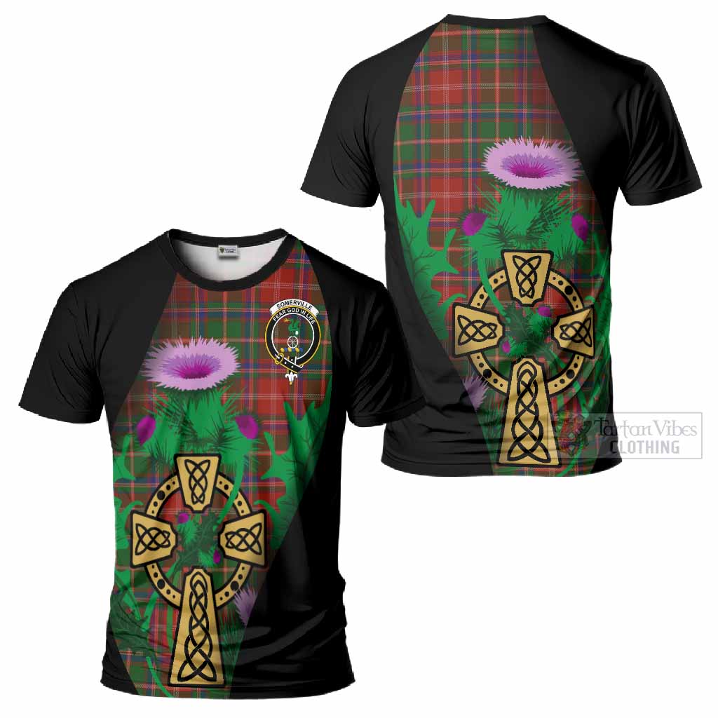 Somerville Tartan Crest T-Shirt Celtic Cross Thistle Flowers