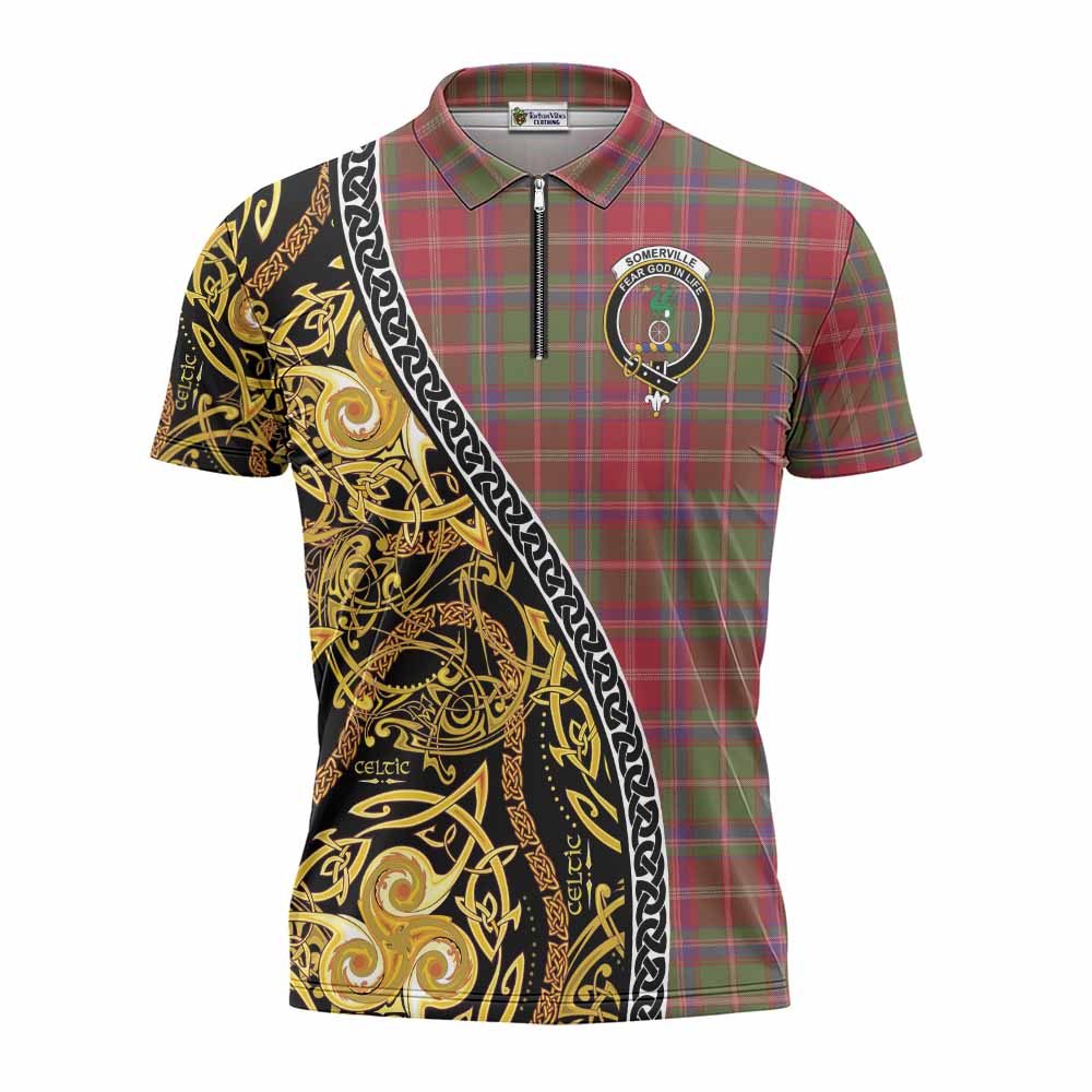 Somerville Tartan Crest Zipper Polo Shirt Celtic Knot and Triple Trickle Spiral Symbols