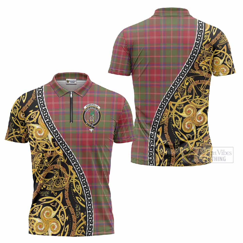 Somerville Tartan Crest Zipper Polo Shirt Celtic Knot and Triple Trickle Spiral Symbols