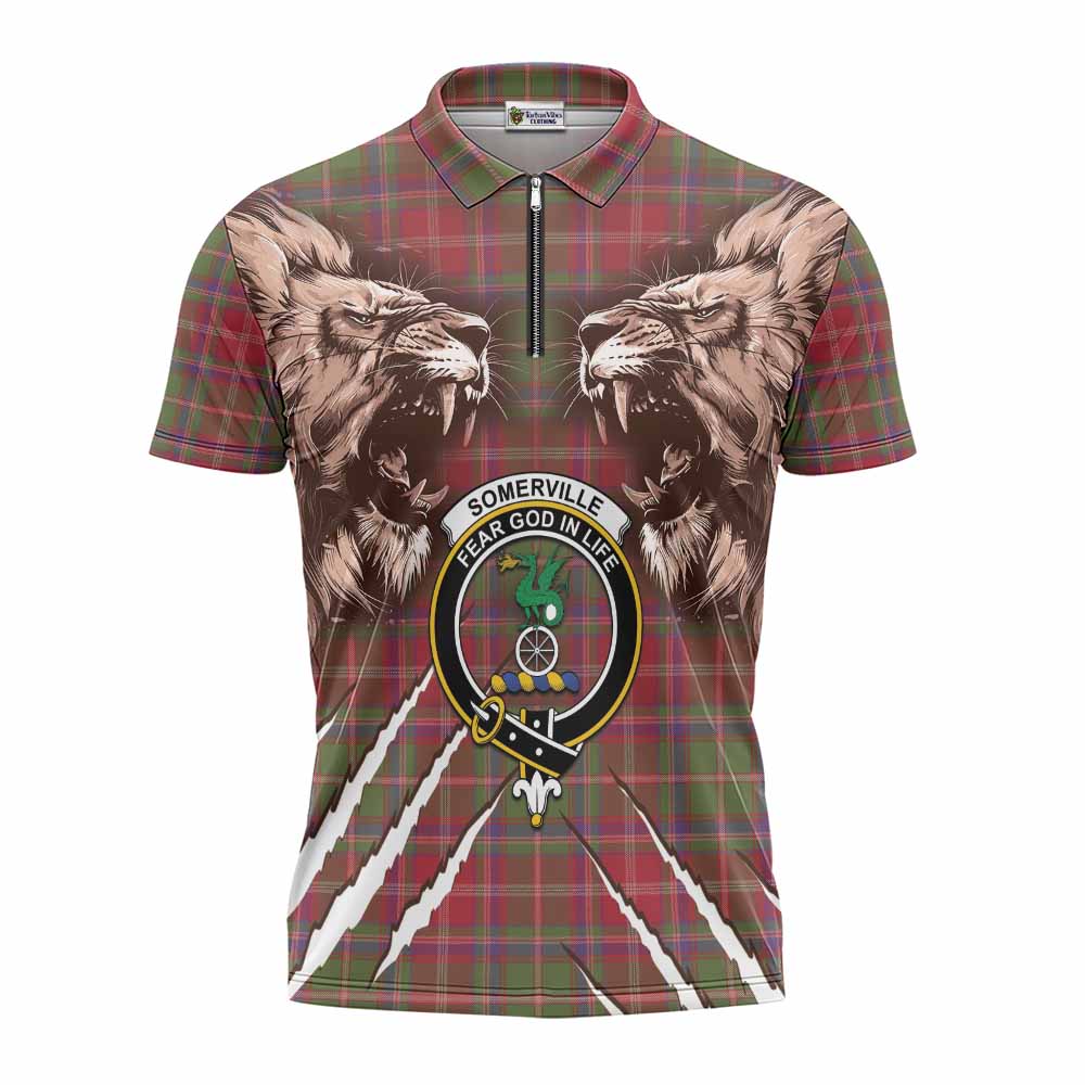 Somerville Tartan Crest Zipper Polo Shirt Ferocious Lion Style