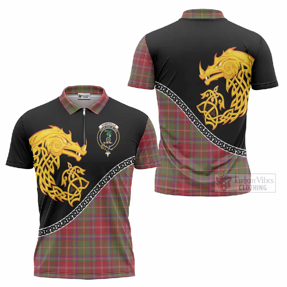 Somerville Tartan Crest Zipper Polo Shirt Legendary Dragon Knot Half Style