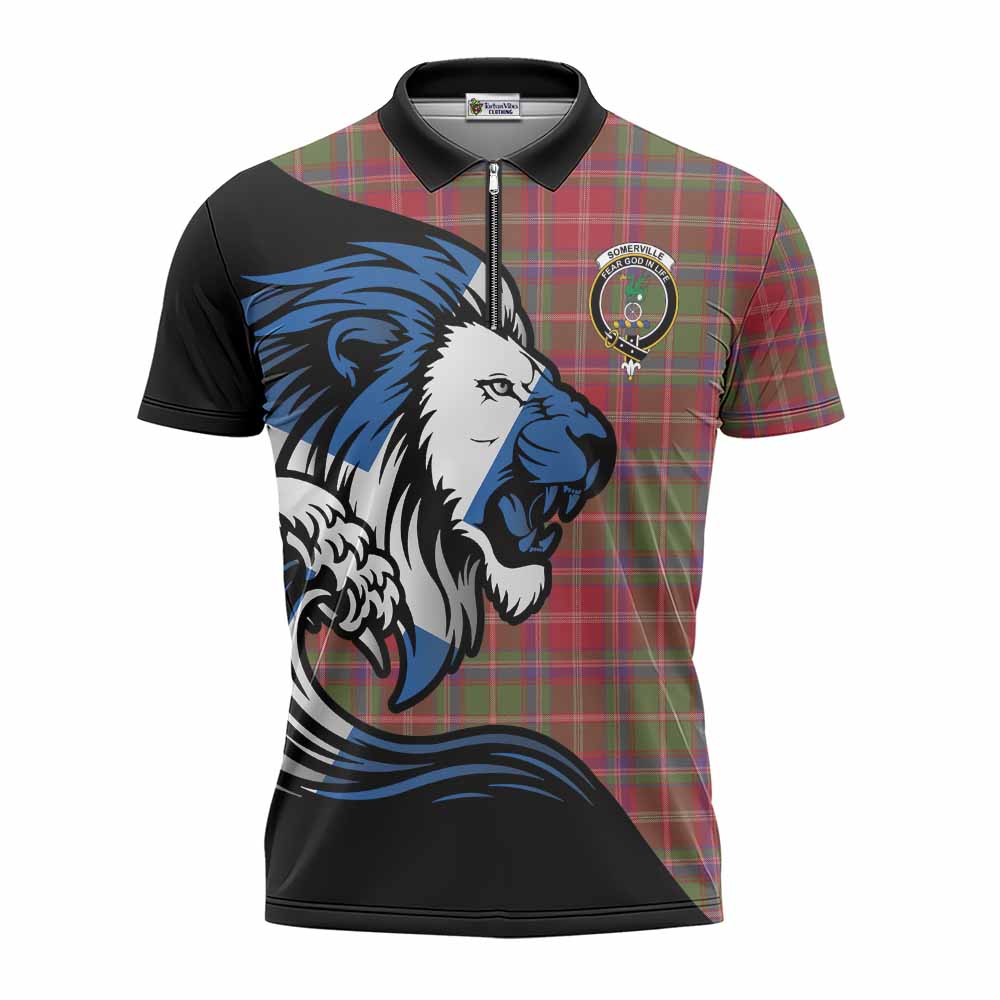 Somerville Tartan Crest Zipper Polo Shirt Scottish Golden Lions Wave Flow
