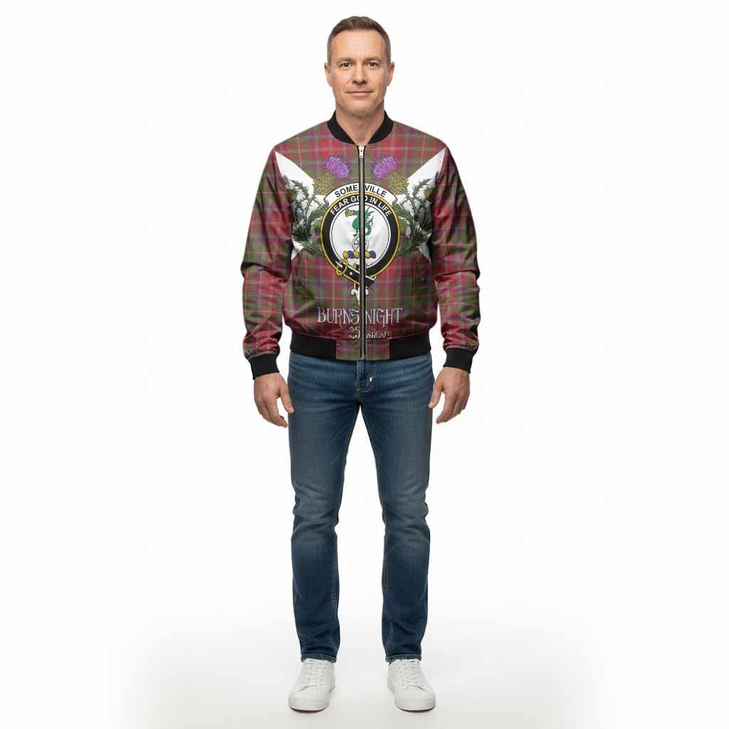 Somerville Tartan Family Crest Bomber Jacket Scottish Burns Night Thistle Floral