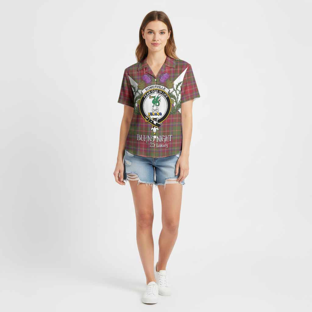 Somerville Tartan Family Crest Cotton Hawaiian Shirt Scottish Burns Night Thistle Floral