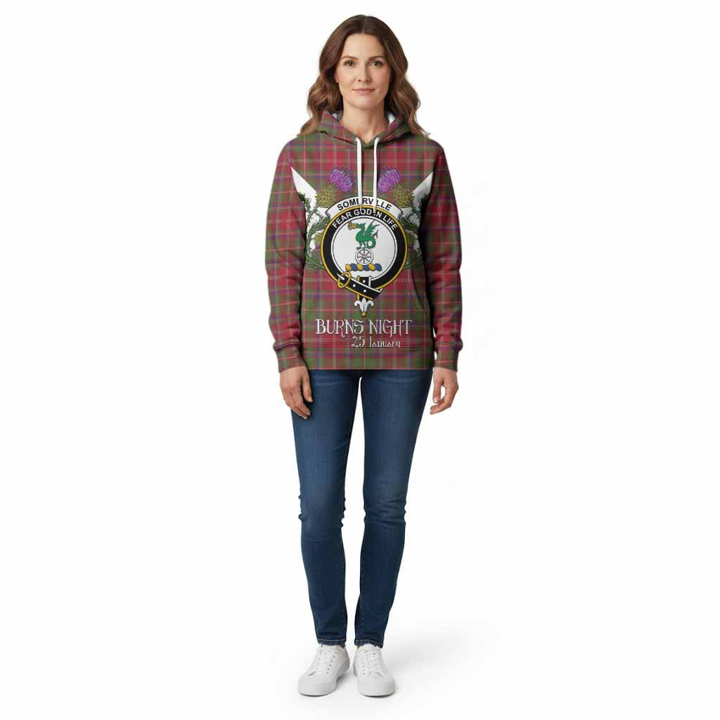 Somerville Tartan Family Crest Cotton Hoodie Scottish Burns Night Thistle Floral