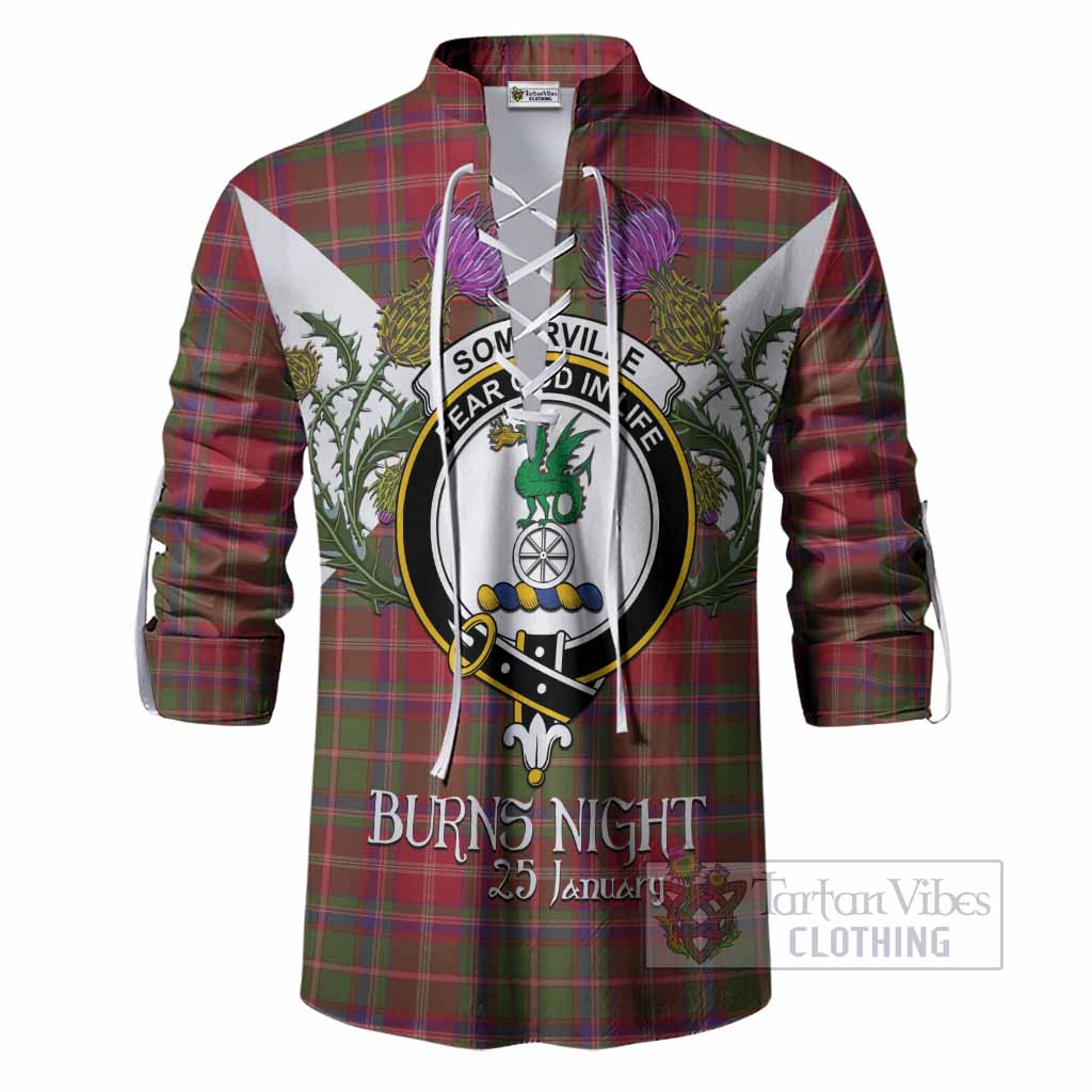 Somerville Tartan Family Crest Ghillie Shirt Scottish Burns Night Thistle Floral
