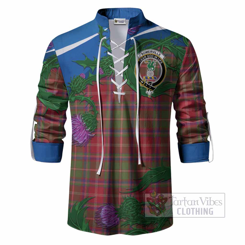 Somerville Tartan Family Crest Ghillie Shirt Thistle in Minimalism