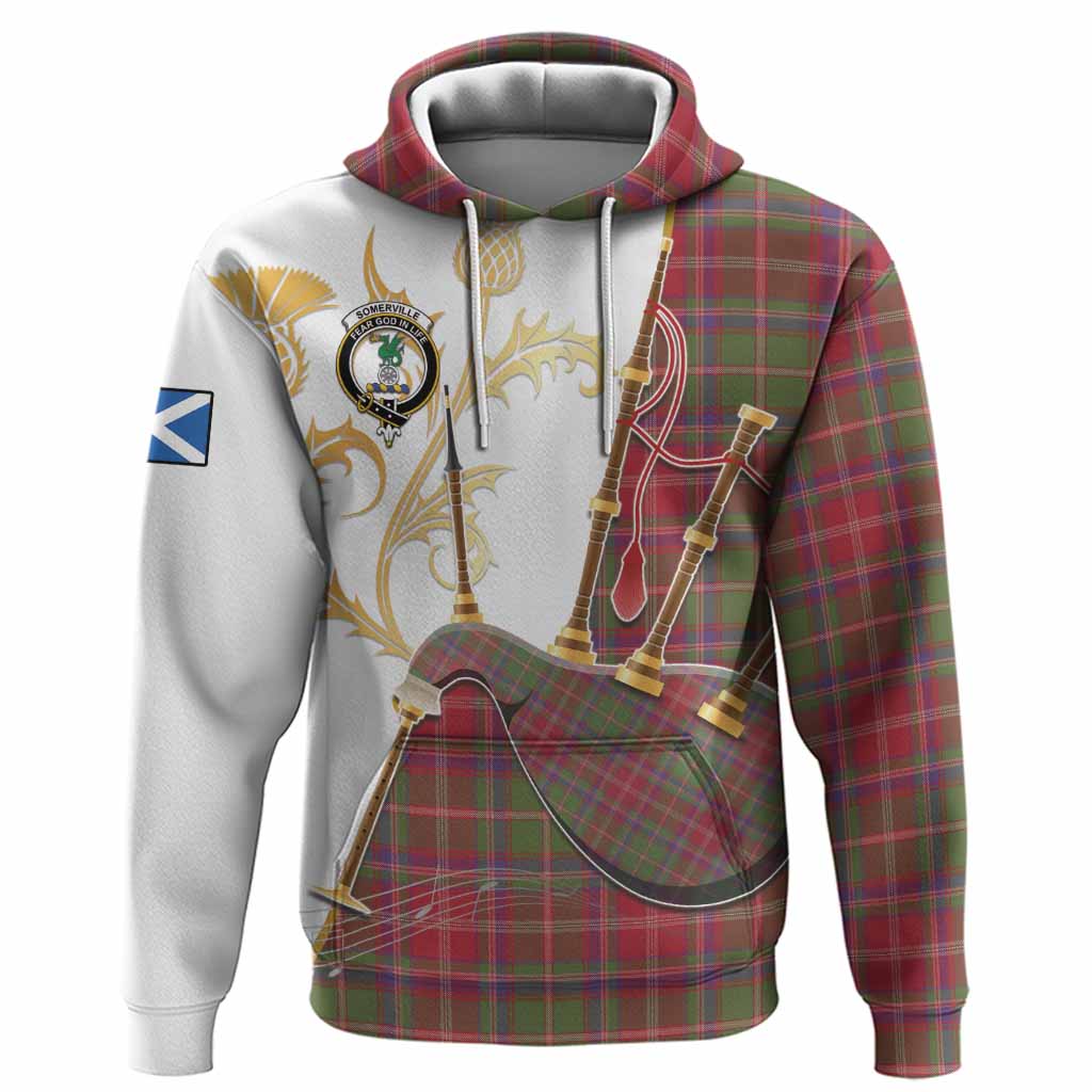 Somerville Tartan Family Crest Hoodie Bagpipes with Scottish Thistle