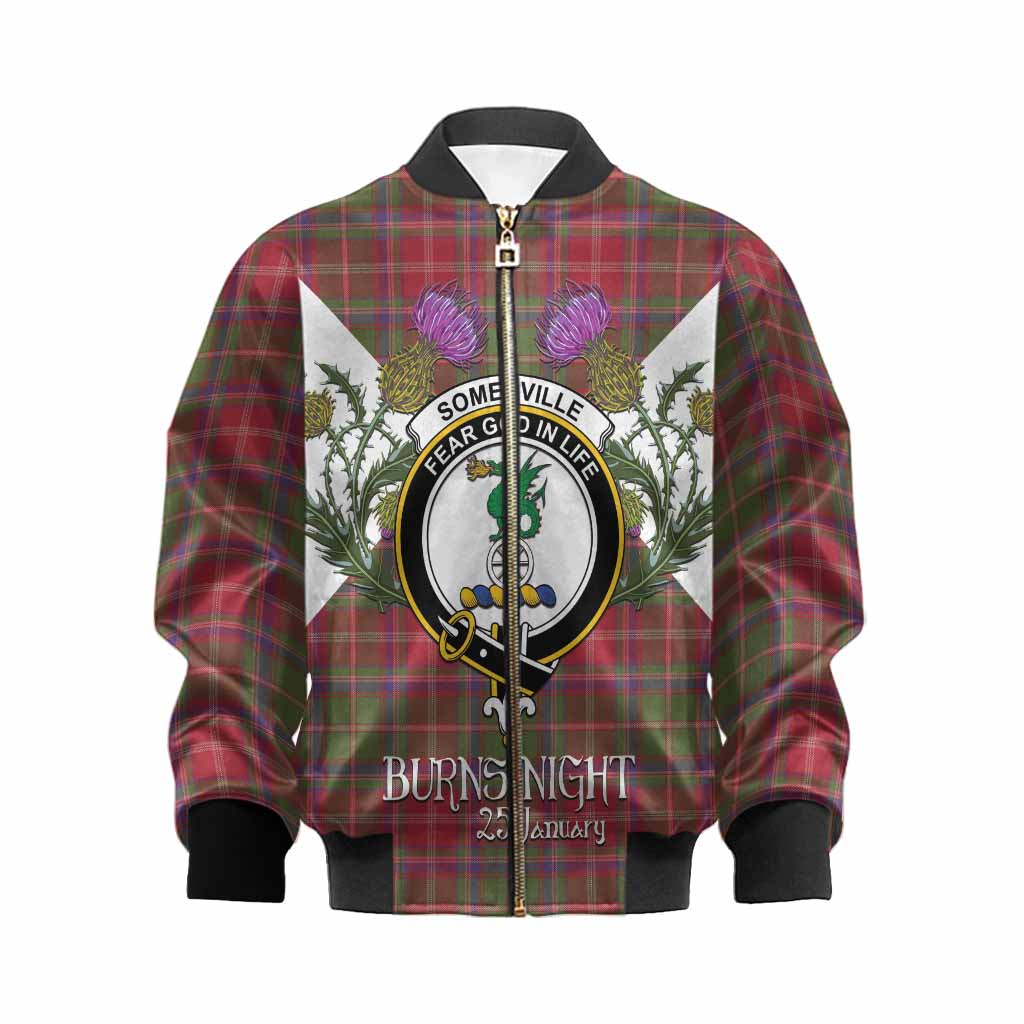 Somerville Tartan Family Crest Kid Bomber Jacket Scottish Burns Night Thistle Floral