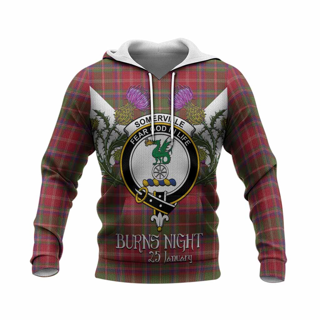 Somerville Tartan Family Crest Knitted Hoodie Scottish Burns Night Thistle Floral