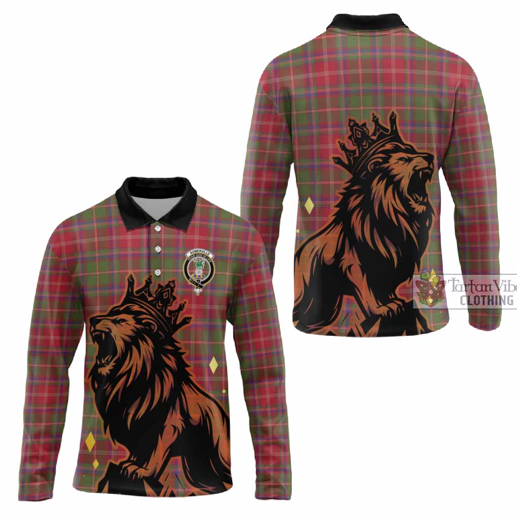 Somerville Tartan Family Crest Long Sleeve Polo Shirt Crowned Lion Roaring