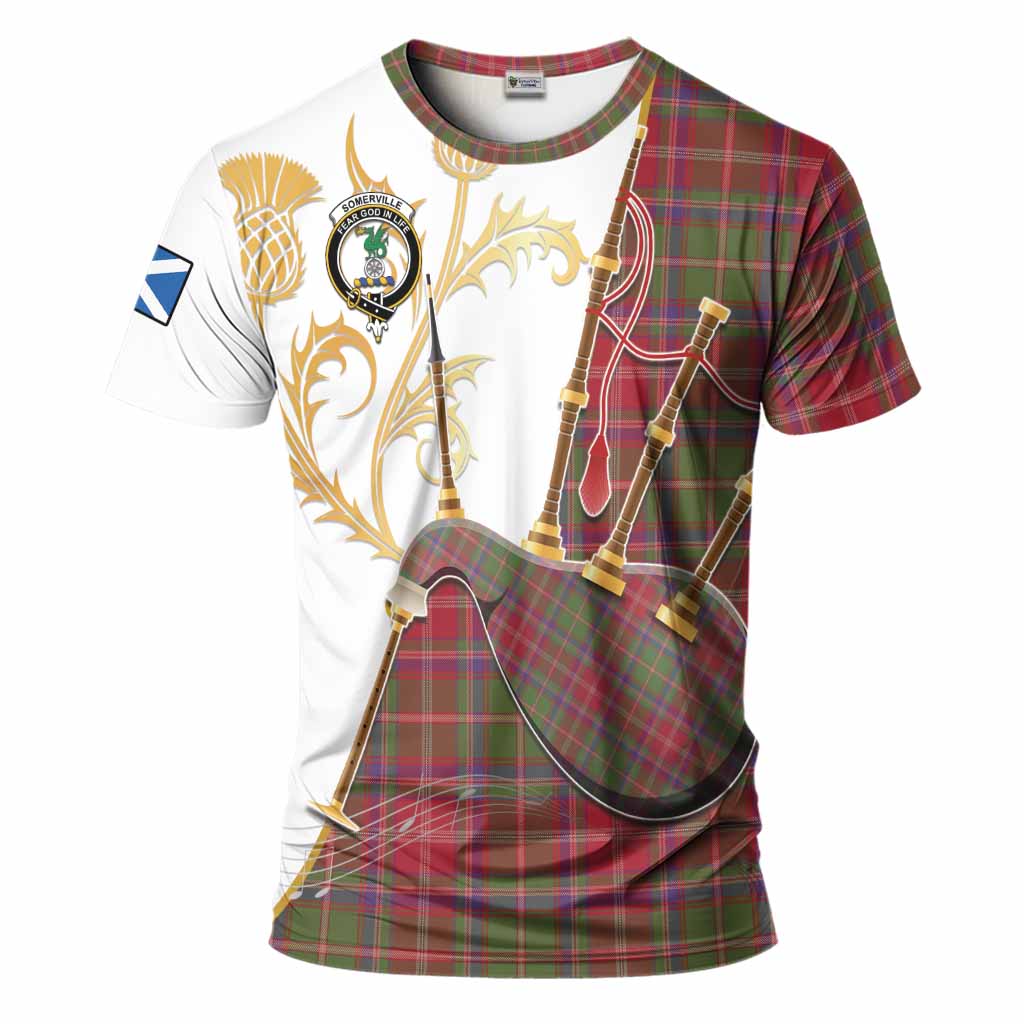Somerville Tartan Family Crest T-Shirt Bagpipes with Scottish Thistle