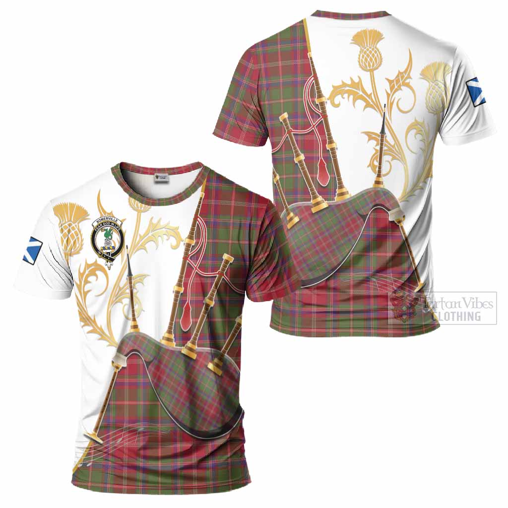 Somerville Tartan Family Crest T-Shirt Bagpipes with Scottish Thistle