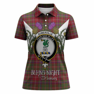 Somerville Tartan Family Crest Women Polo Shirt Scottish Burns Night Thistle Floral