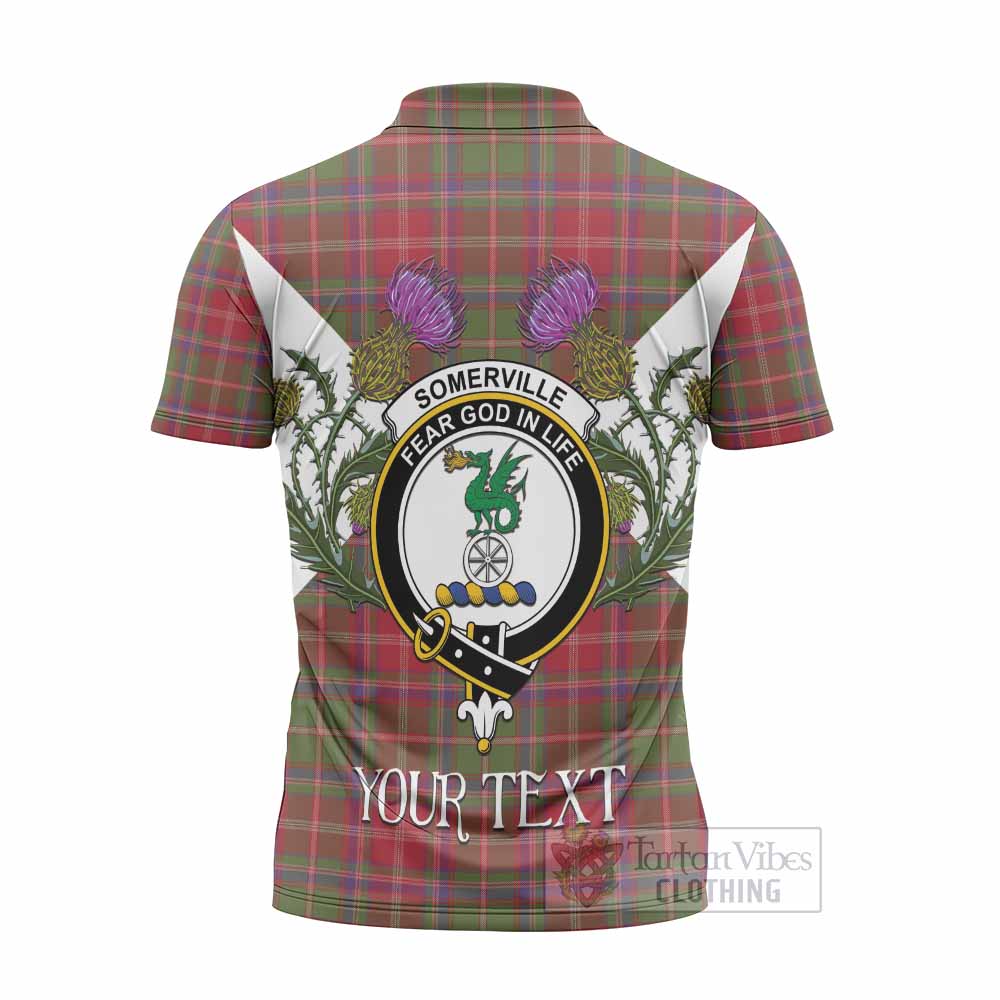 Somerville Tartan Family Crest Zipper Polo Shirt Scottish Burns Night Thistle Floral