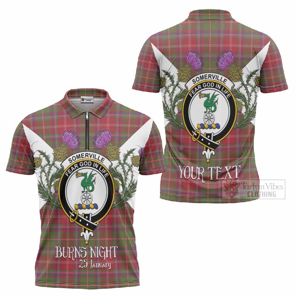 Somerville Tartan Family Crest Zipper Polo Shirt Scottish Burns Night Thistle Floral