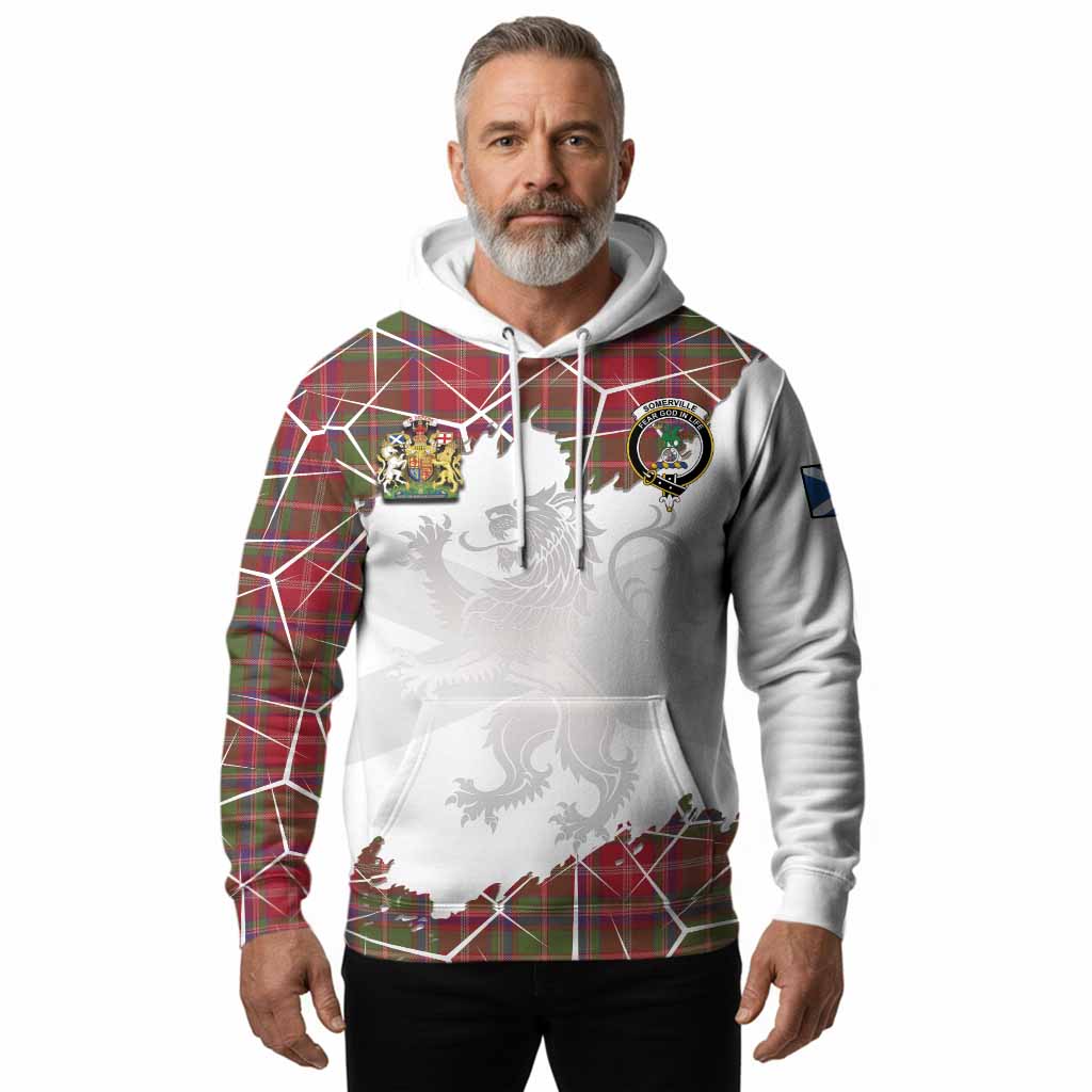 Somerville Tartan Hoodie with Family Crest and Lion Rampant Grunge Style
