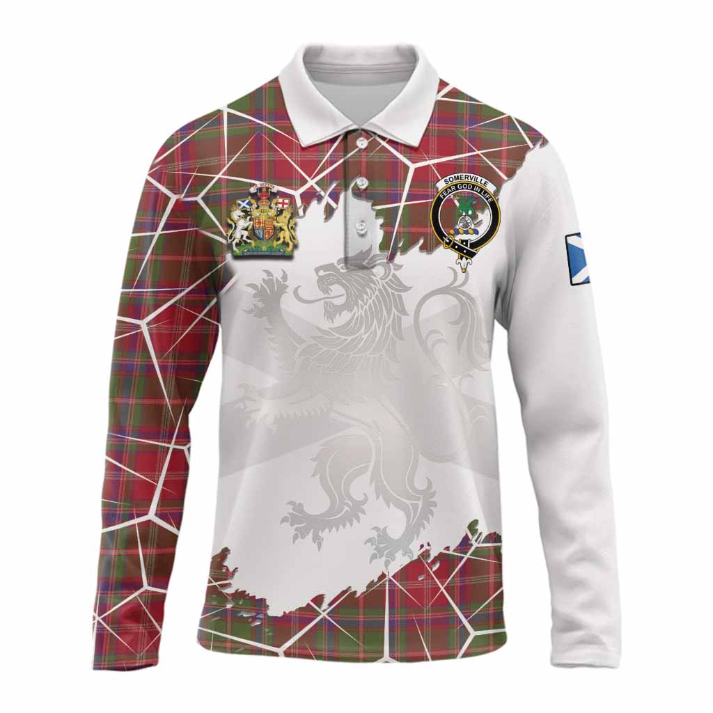 Somerville Tartan Long Sleeve Polo Shirt with Family Crest and Lion Rampant Grunge Style