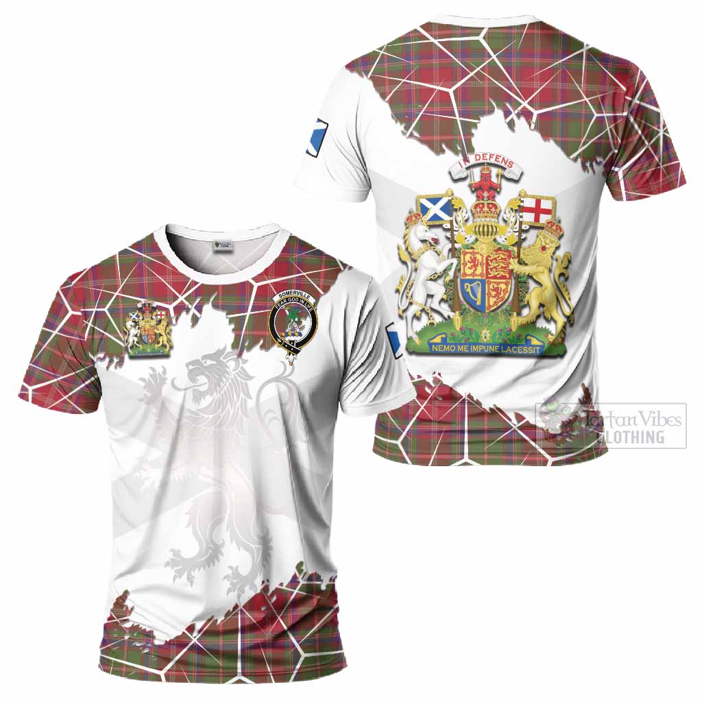 Somerville Tartan T-Shirt with Family Crest and Lion Rampant Grunge Style