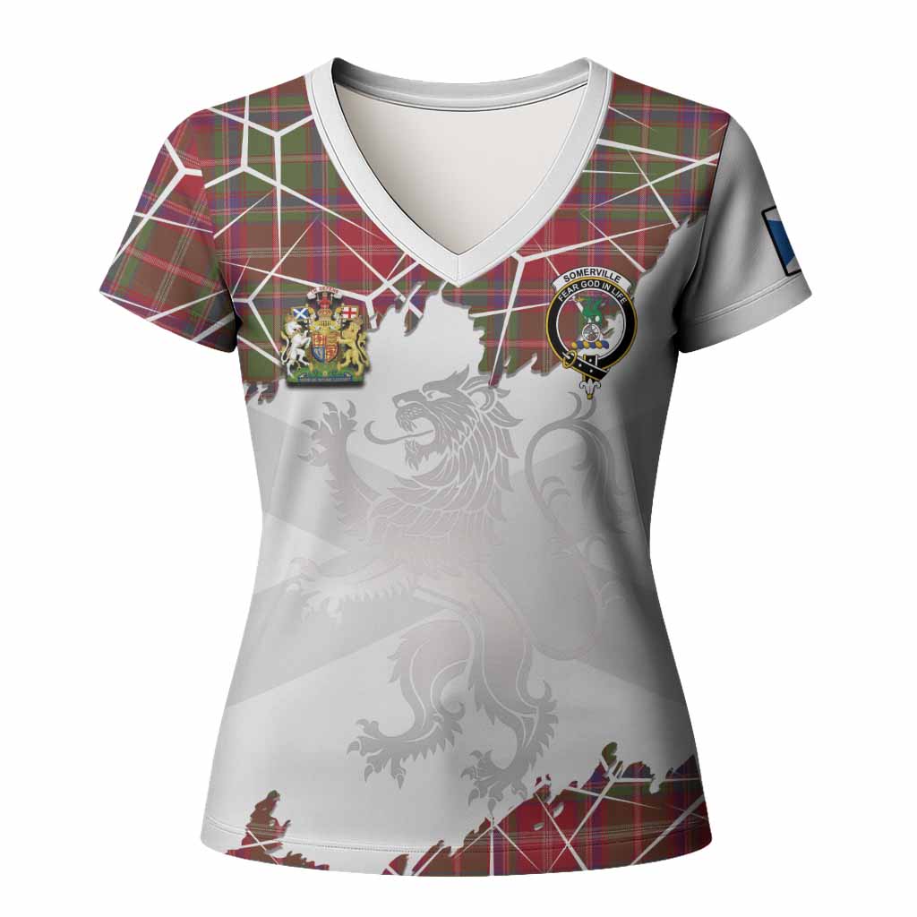 Somerville Tartan Women T shirt with Family Crest and Lion Rampant Grunge Style