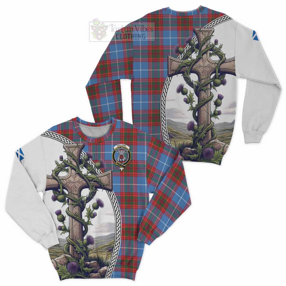 Spalding Tartan Sweatshirt with Family Crest and St. Andrew's Cross Accented by Thistle Vines Unisex - Tartan Vibes Clothing