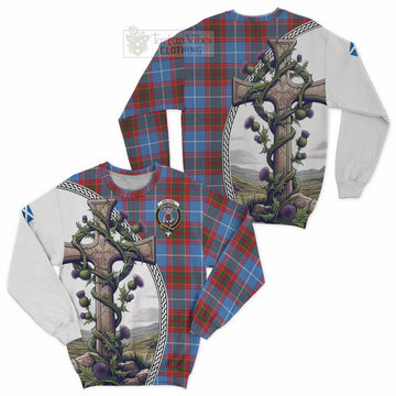 Spalding Tartan Sweatshirt with Family Crest and St. Andrew's Cross Accented by Thistle Vines Unisex - Tartan Vibes Clothing