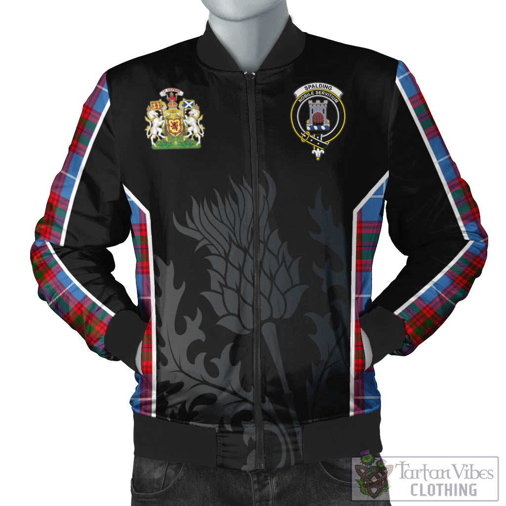 Spalding Tartan Bomber Jacket with Family Crest and Scottish Thistle Vibes Sport Style Unisex Black - Tartan Vibes Clothing