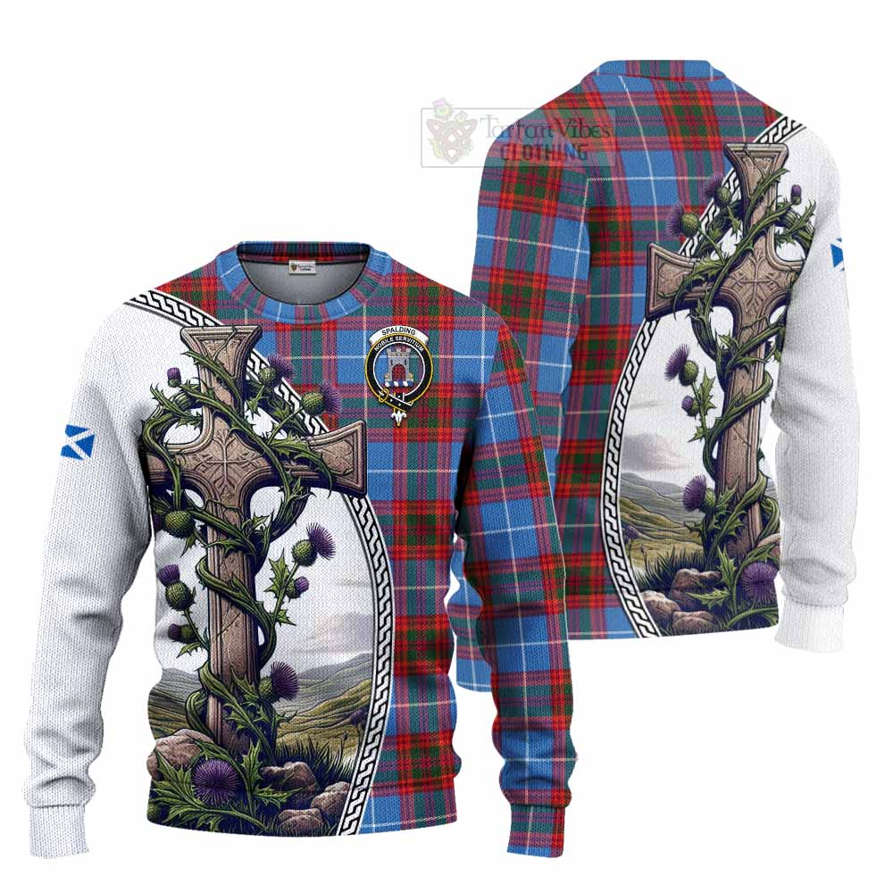 Spalding Tartan Knitted Sweater with Family Crest and St. Andrew's Cross Accented by Thistle Vines Unisex - Tartan Vibes Clothing