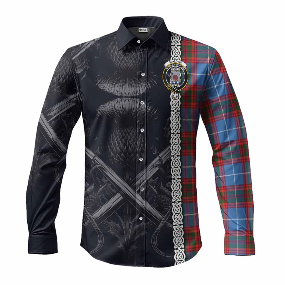 Tartan Vibes Clothing Spalding Tartan Long Sleeve Button Shirt with Family Crest Cross Sword Thistle Celtic Vibes