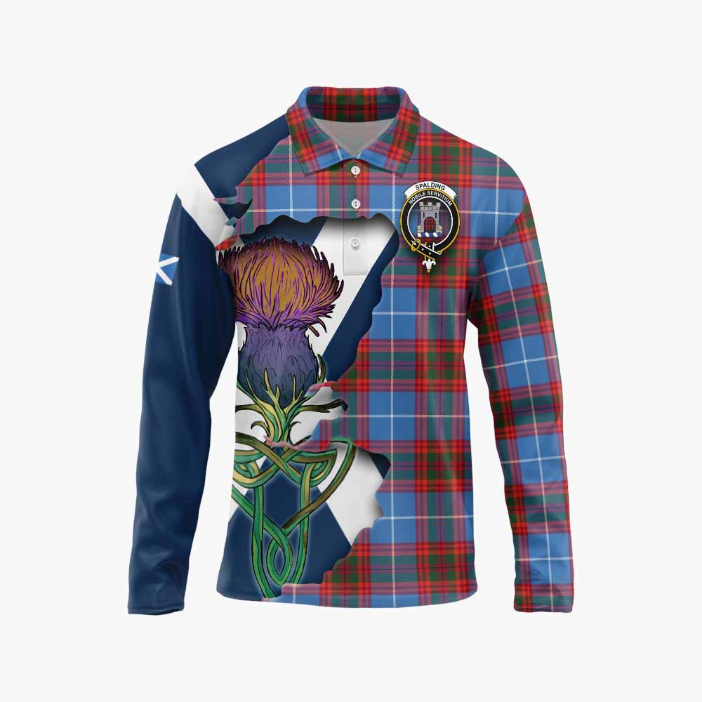 Tartan Vibes Clothing Spalding Tartan Family Crest Long Sleeve Polo Shirt Scottish Thistle Celtic Inspired