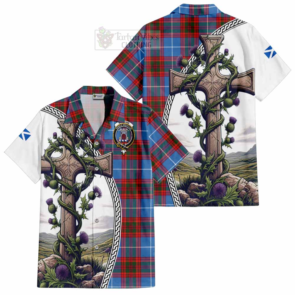 Spalding Tartan Hawaiian Shirt with Family Crest and St. Andrew's Cross Accented by Thistle Vines Kid - Tartan Vibes Clothing