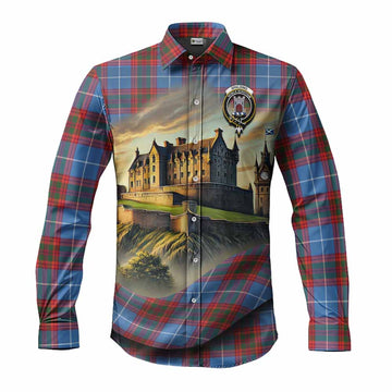 Tartan Vibes Clothing Spalding Tartan Family Crest Long Sleeve Button Shirt with Scottish Ancient Castle Style