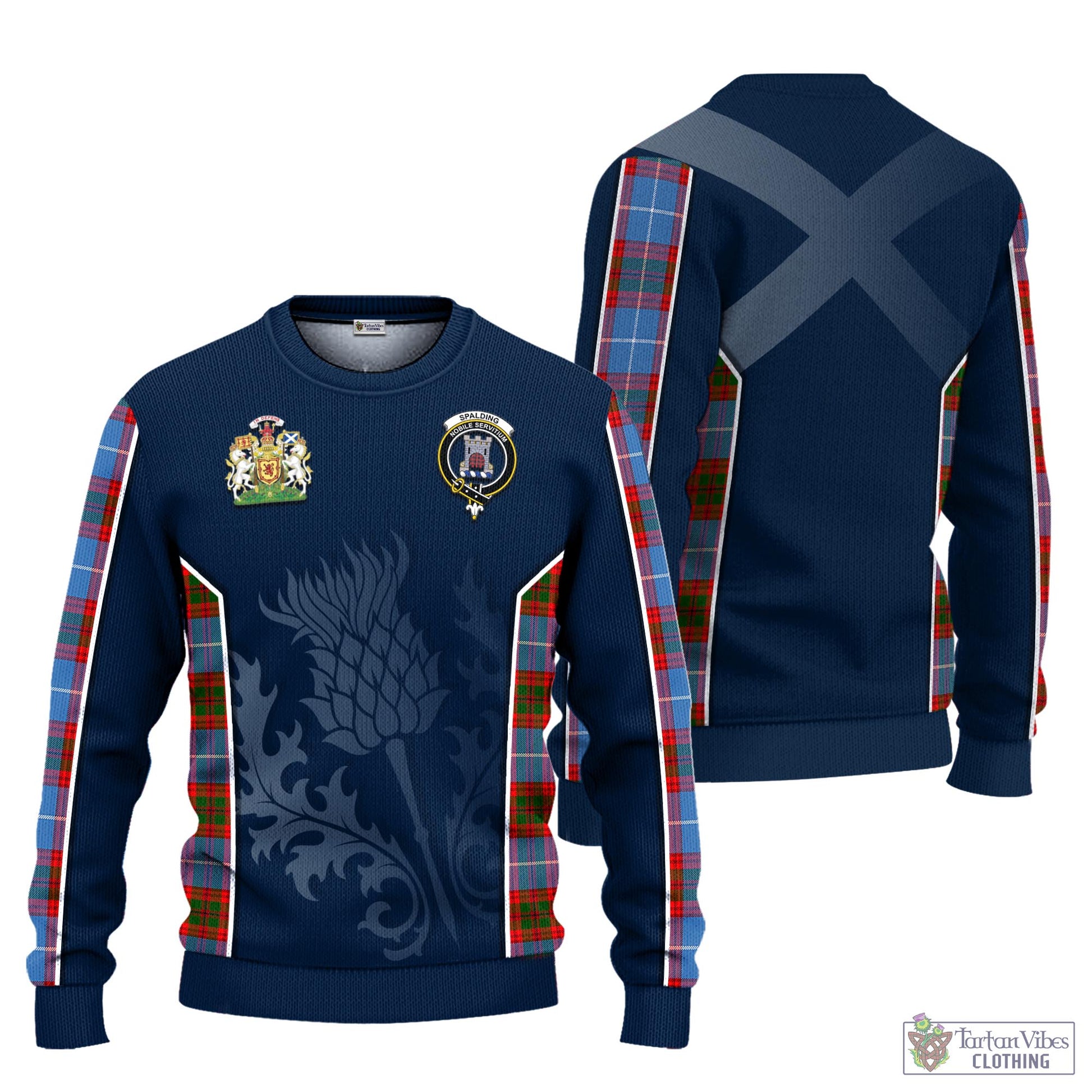 Spalding Tartan Knitted Sweatshirt with Family Crest and Scottish Thistle Vibes Sport Style Unisex - Tartan Vibes Clothing
