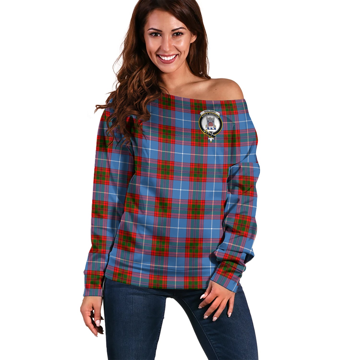 Spalding Tartan Off Shoulder Women Sweater with Family Crest Women - Tartanvibesclothing Shop