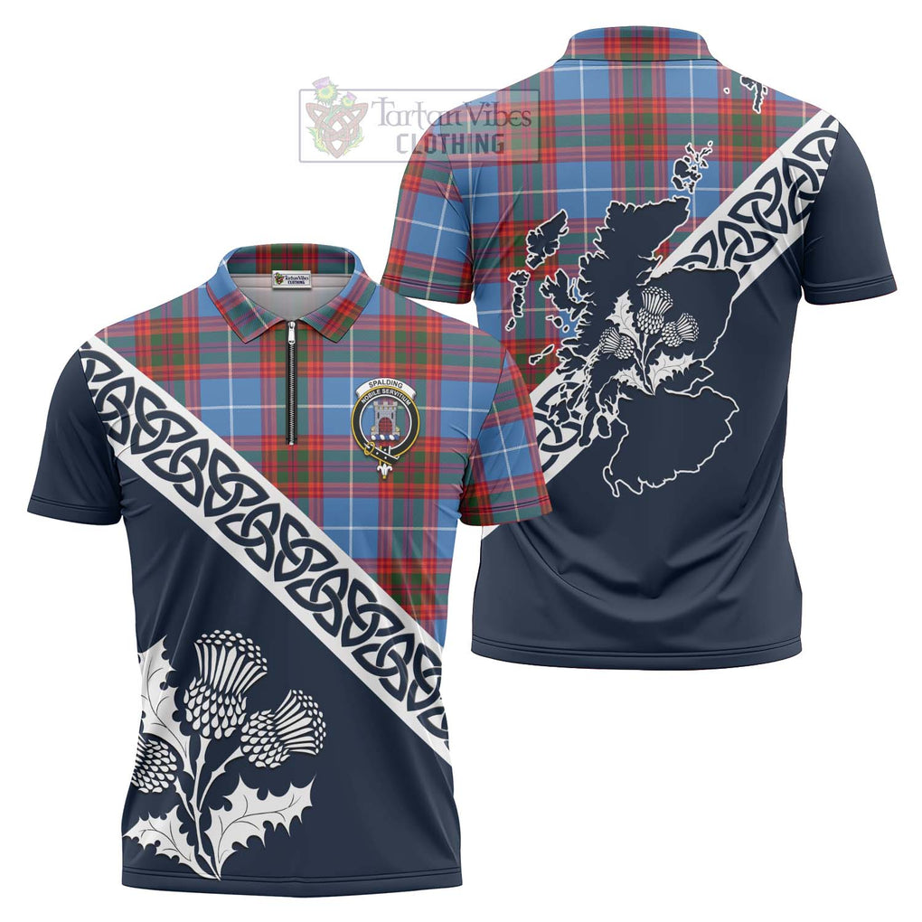 Spalding Tartan Zipper Polo Shirt Featuring Thistle and Scotland Map Unisex - Tartanvibesclothing Store