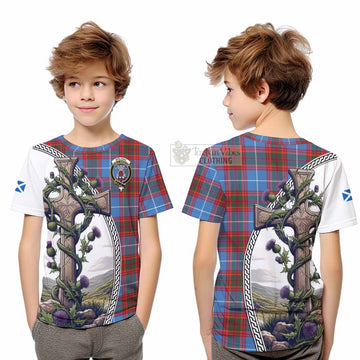Spalding Tartan Kid T-Shirt with Family Crest and St. Andrew's Cross Accented by Thistle Vines Youth XL Size14 - Tartan Vibes Clothing