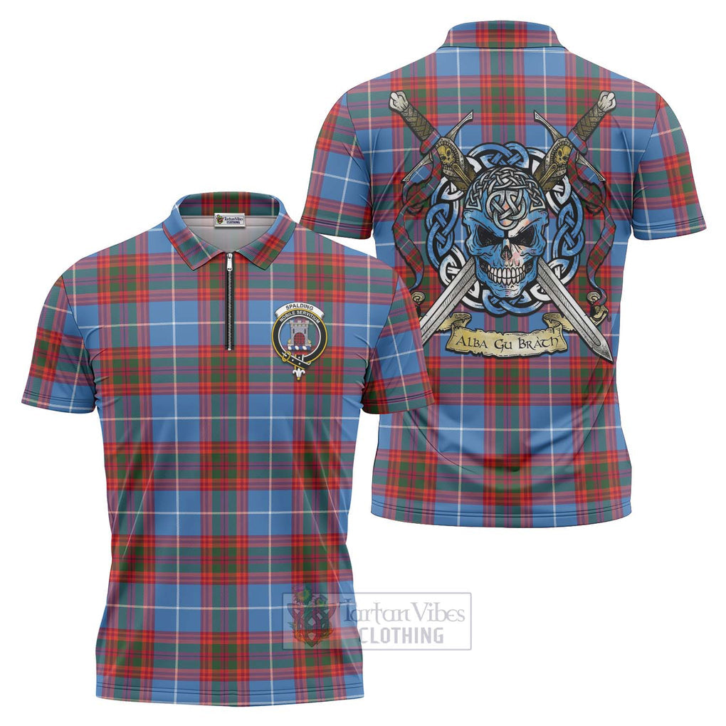 Spalding Tartan Zipper Polo Shirt with Family Crest Celtic Skull Style Unisex - Tartan Vibes Clothing
