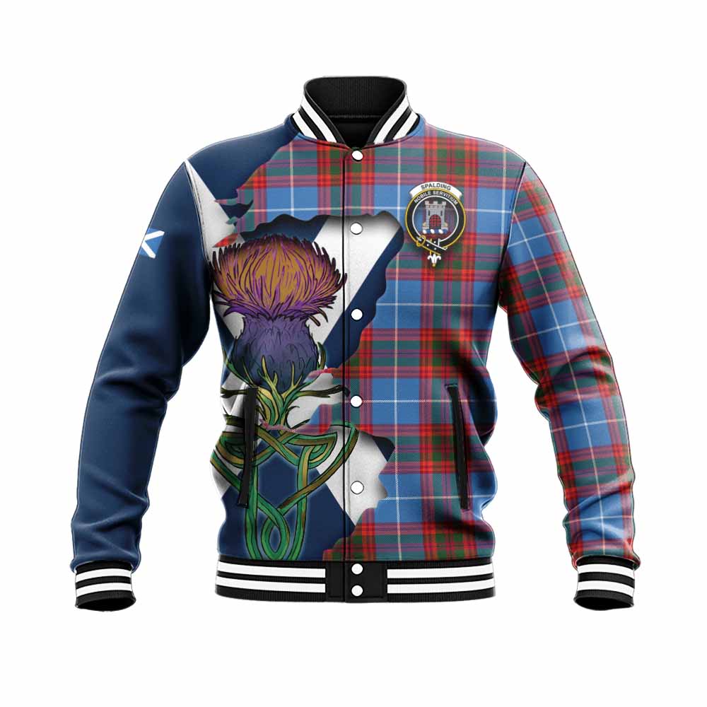 Tartan Vibes Clothing Spalding Tartan Family Crest Baseball Jacket Scottish Thistle Celtic Inspired